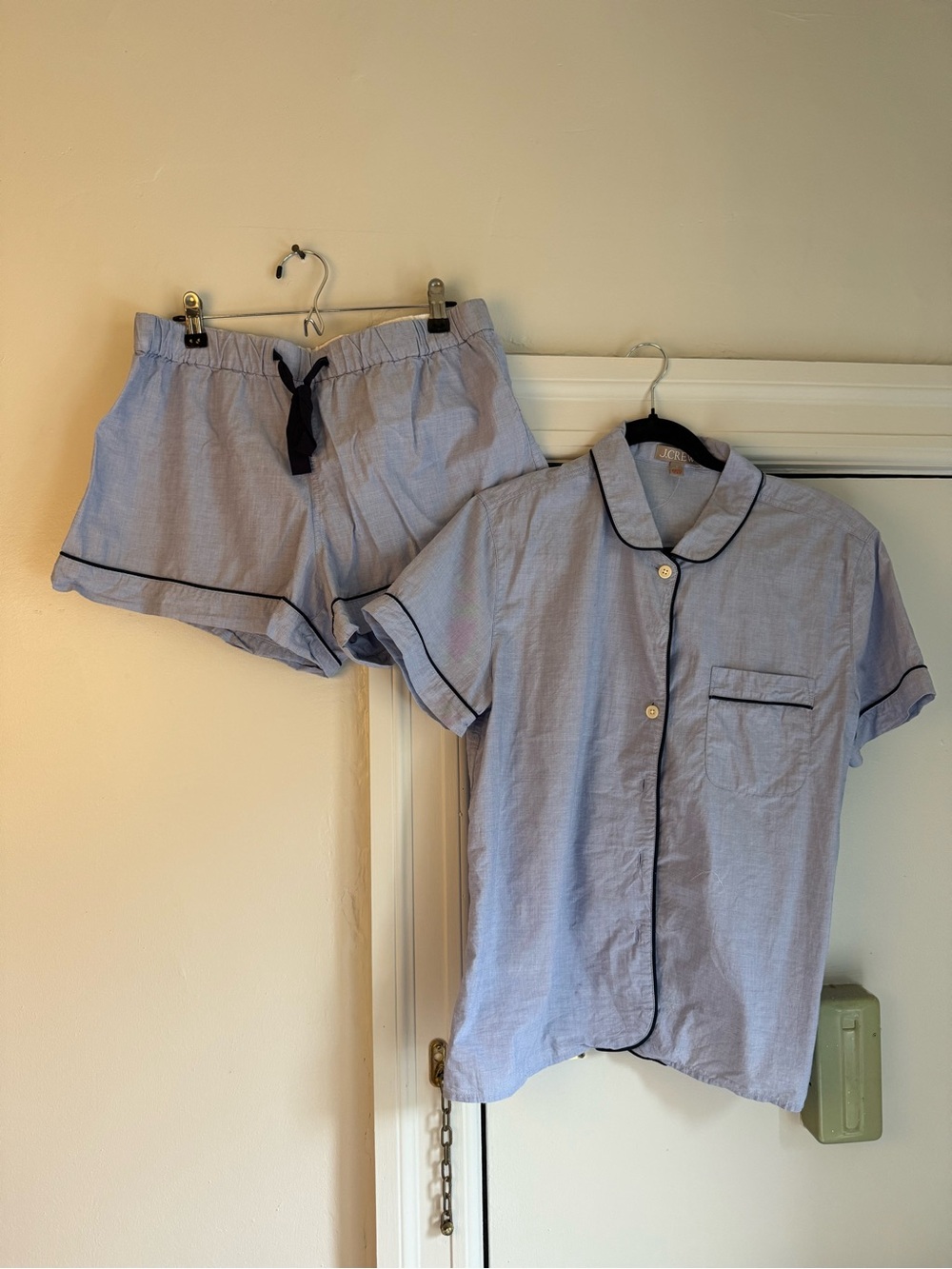 J. Crew Light Blue Short Sleeve Pajama Top & Shorts with Navy Piping